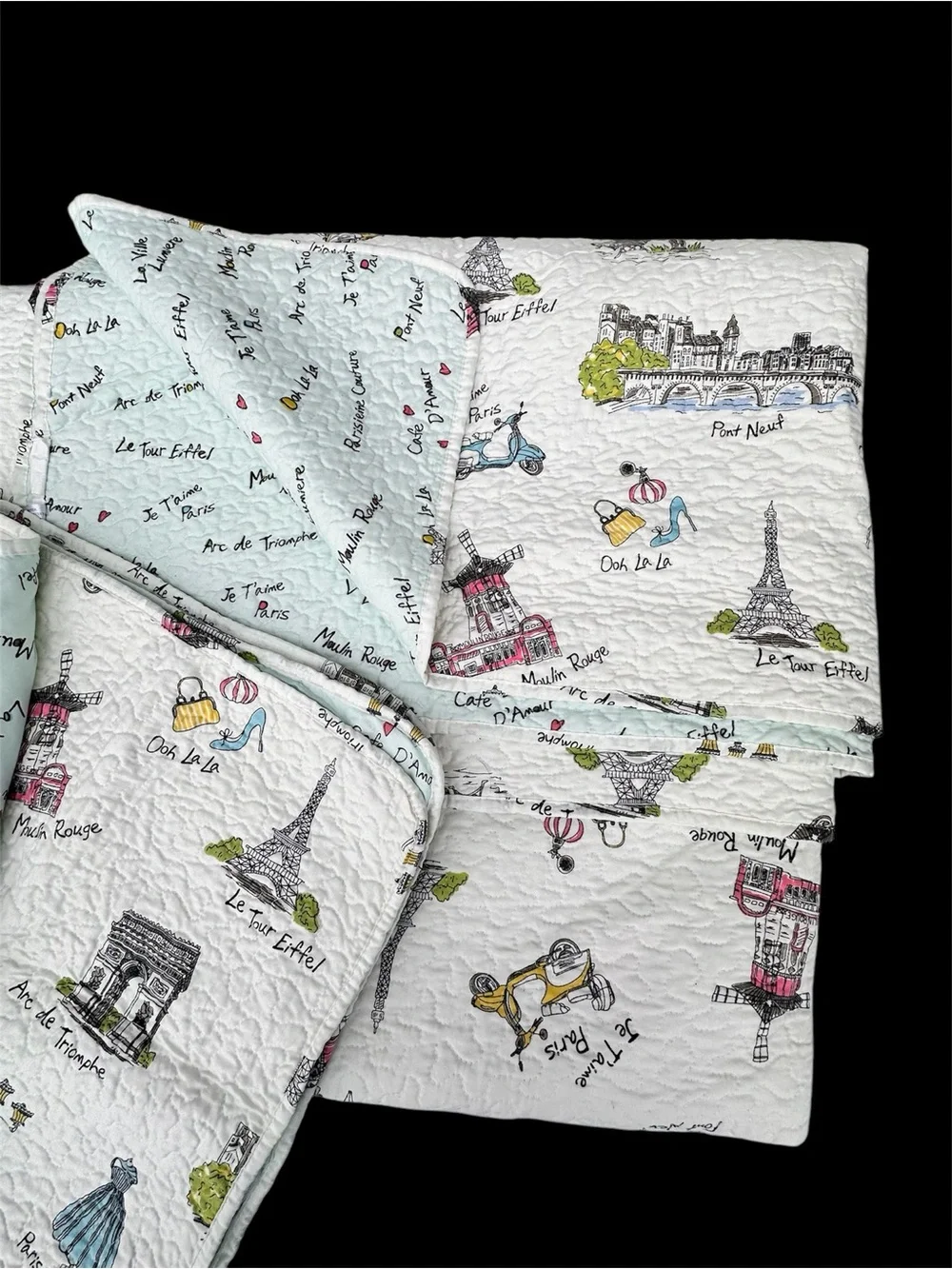King 3pc Quilt Bedding Set Paris France Parisian Eiffel Tower French Ooh La La